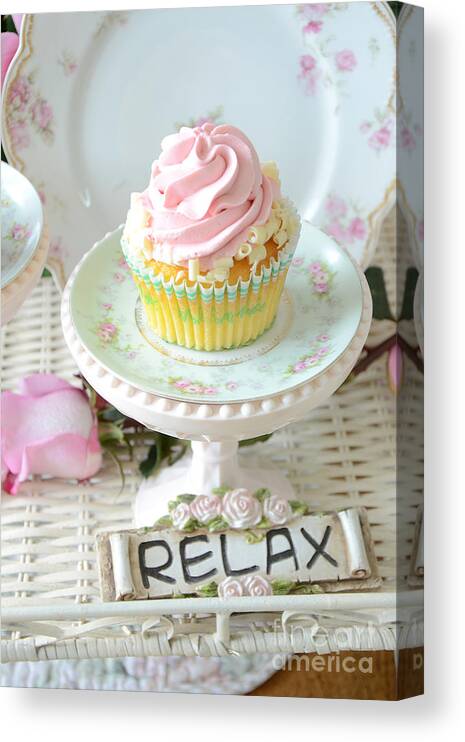 Cupcake Photos Canvas Print featuring the photograph Dreamy Shabby Chic Cupcake Romantic Food Vintage Cottage Food Photography - Just Relax by Kathy Fornal