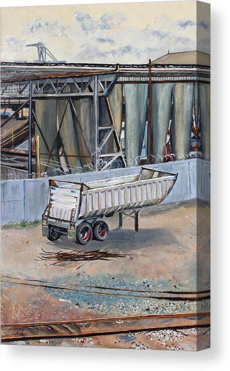 Industrial Landscape Painting Canvas Print featuring the painting Dump Truck Bin and Steel Mill by Asha Carolyn Young