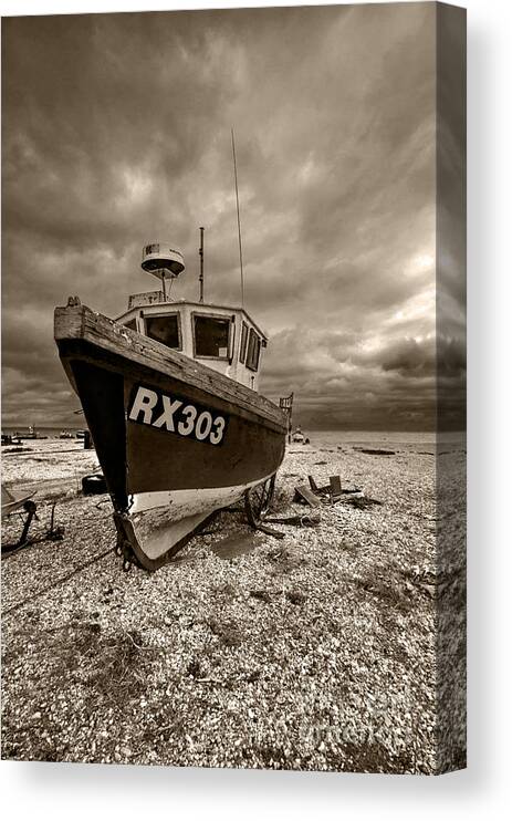 Dungeness Canvas Print featuring the photograph Dungeness Boat Under Stormy Skies by Bel Menpes