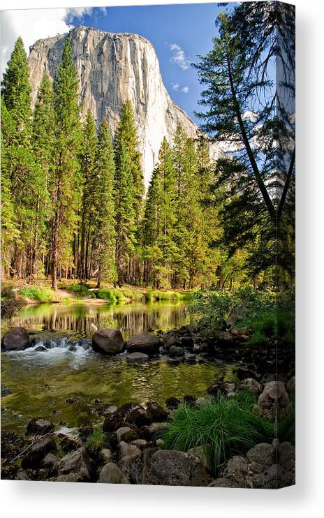 Landscape Reflection Clouds Water Yosemite national Park sierra Nevada Sky Mountains Scenic Nature California Trees Canvas Print featuring the photograph El Cap and Merced River by Cat Connor
