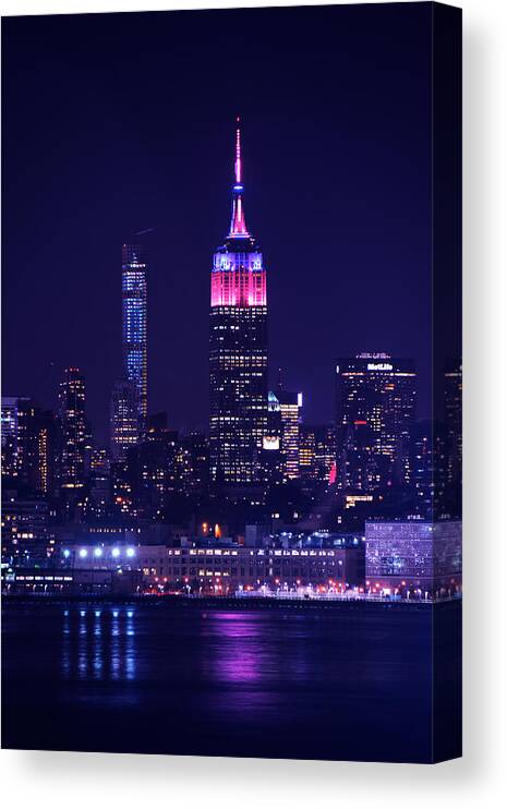  Canvas Print featuring the photograph Empire State Building in Pink and Purple by Raymond Salani III