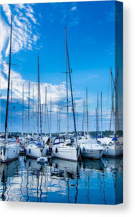 Boat Canvas Print featuring the photograph Evening harbour with sailboats by Andreas Berthold