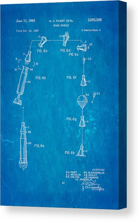 Aviation Canvas Print featuring the photograph Faget Space Capsule Patent Art 2 1963 Blueprint by Ian Monk