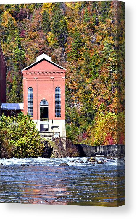Seasonal; Beautiful; River; Archchitecture; Workplace; Fall; Power; House; Power Plant; Hydro; Electric; Electricity; Control; Powerhouse; Building; Old; Color; Tallulah; Flowing; Autumn; Travel; Beauty; Vibrant; Georgia; North; Bright; Tugaloo; Rabun; Usa; Season; Water; Landscape; Specific; Colourful; Flow; Colour; Tugalo; Gorge; Nature; Vivid; Mountains; Colorful; Natural Canvas Print featuring the photograph Fall at Tugalo by Susan Leggett