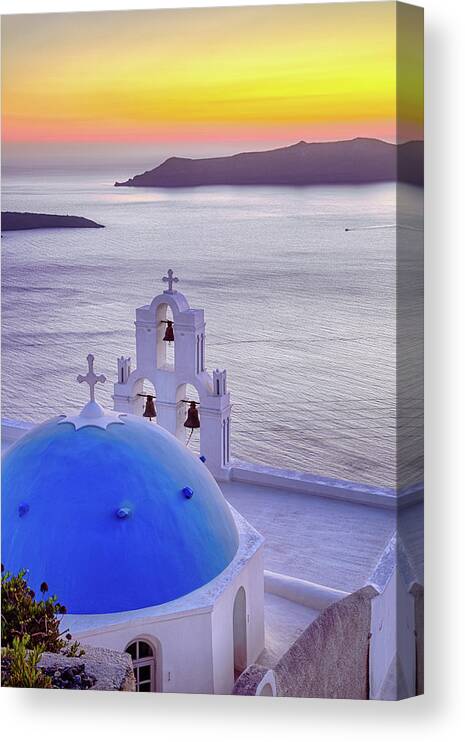 Greek Culture Canvas Print featuring the photograph Famous Church With Blue Dome On by Mbbirdy