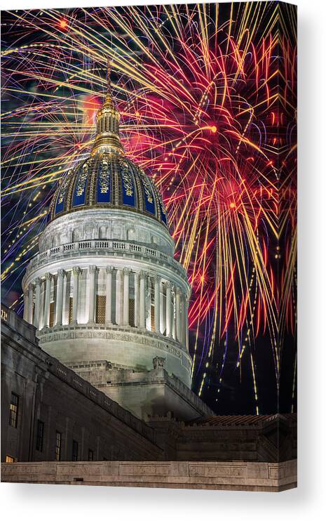 Fireworks Canvas Print featuring the digital art Fireworks at WV Capitol by Mary Almond