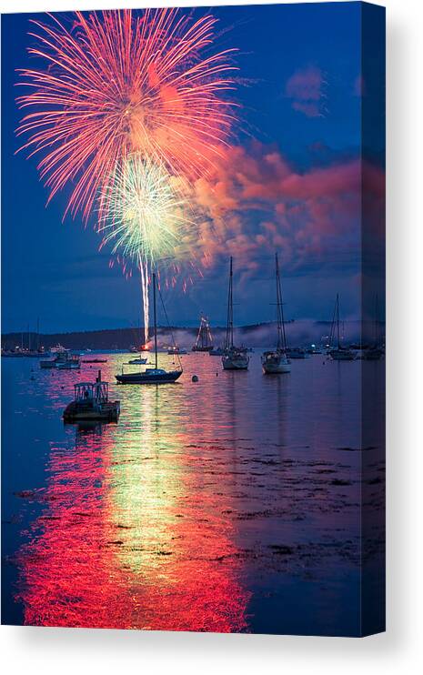 #boothbay Canvas Print featuring the photograph Fireworks Over Boothbay Harbor by Darylann Leonard Photography