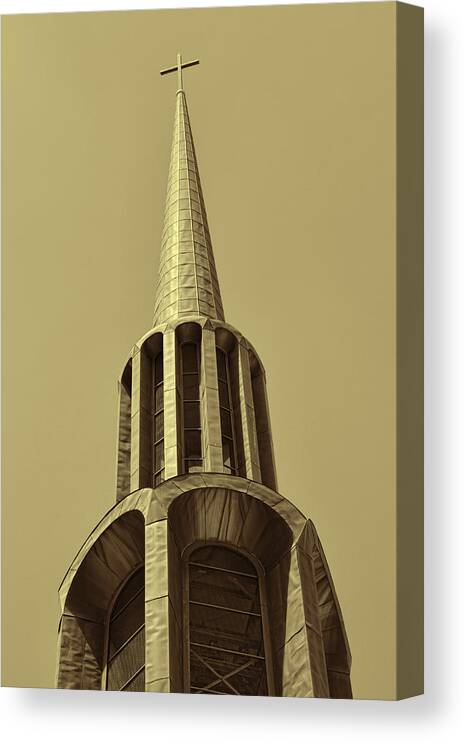 First Baptist Church Canvas Print featuring the photograph First Baptist Church Steeple Huntsville Alabama in Sepia by Kathy Clark