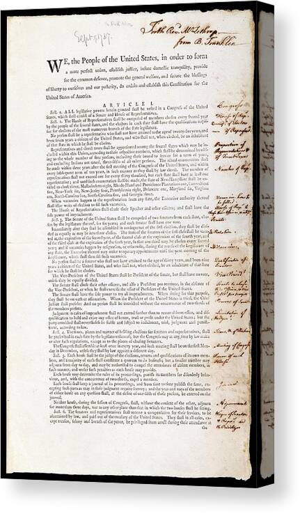 Nobody Canvas Print featuring the photograph Franklin's Copy Of The Us Constitution by American Philosophical Society