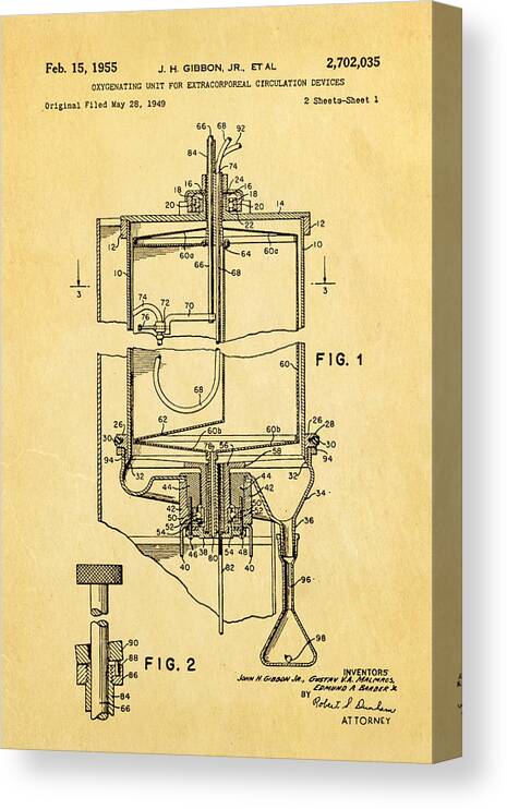 Doctor Canvas Print featuring the photograph Gibbon Heart-Lung Machine Patent Art 1955 by Ian Monk