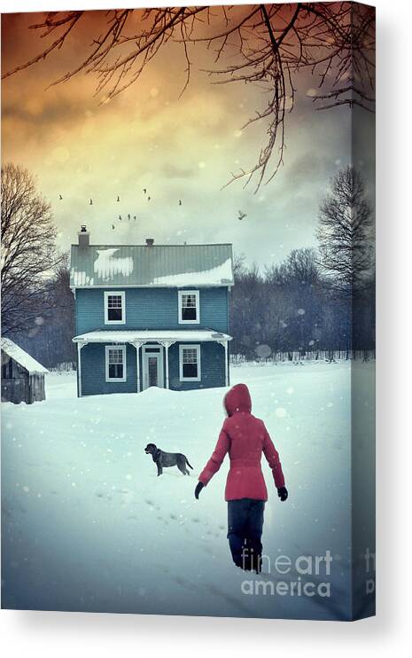 Atmosphere Canvas Print featuring the photograph Girl and her dog walking to farm house by Sandra Cunningham