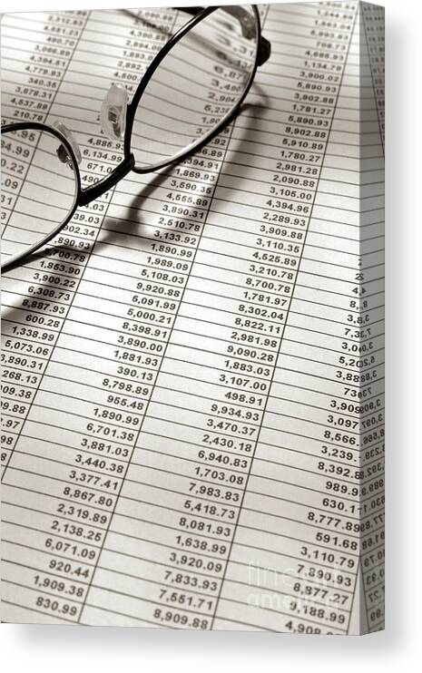 Account Canvas Print featuring the photograph Glasses on Spreadsheet by Olivier Le Queinec