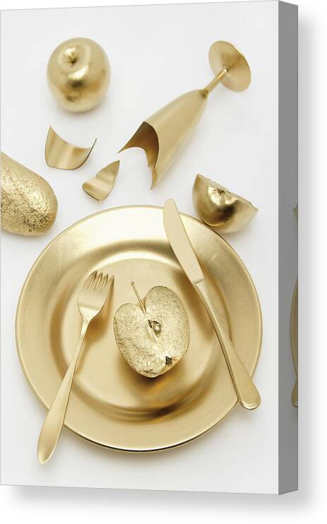 White Background Canvas Print featuring the photograph Golden Cutlery With Apple And Bread On by Westend61