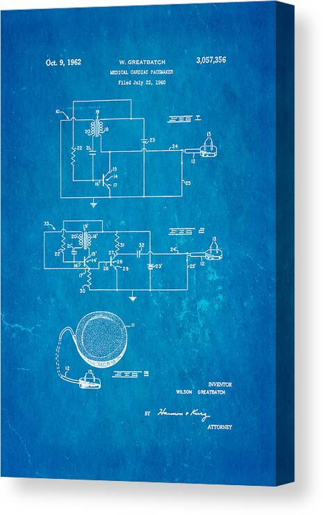Doctor Canvas Print featuring the photograph Greatbatch Cardiac Pacemaker Patent Art 1962 Blueprint by Ian Monk