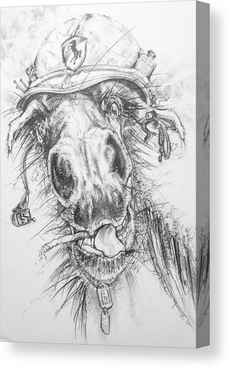 Horse Canvas Print featuring the drawing Hair-ied Horse Soilder by Scott and Dixie Wiley
