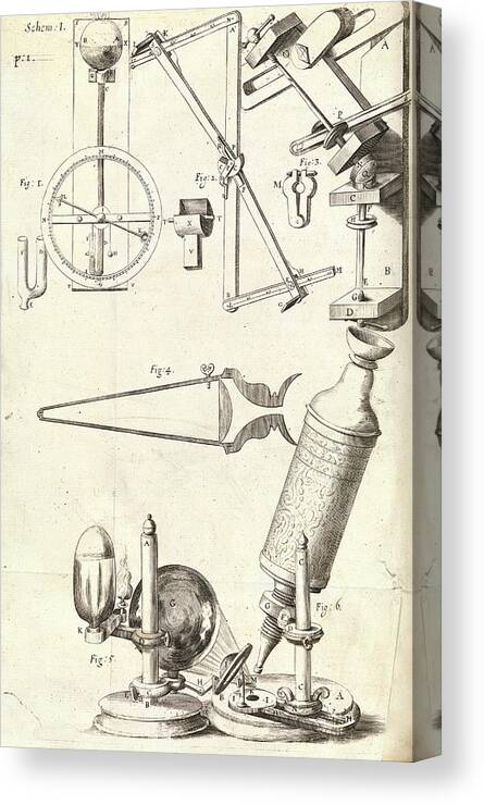 Lens Polishing Machine Canvas Print featuring the photograph Hooke's Microscope And Equipment by Royal Institution Of Great Britain