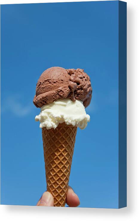 Blue Canvas Print featuring the photograph Ice Cream Cone, Chocolate And Vanilla by Peter Adams