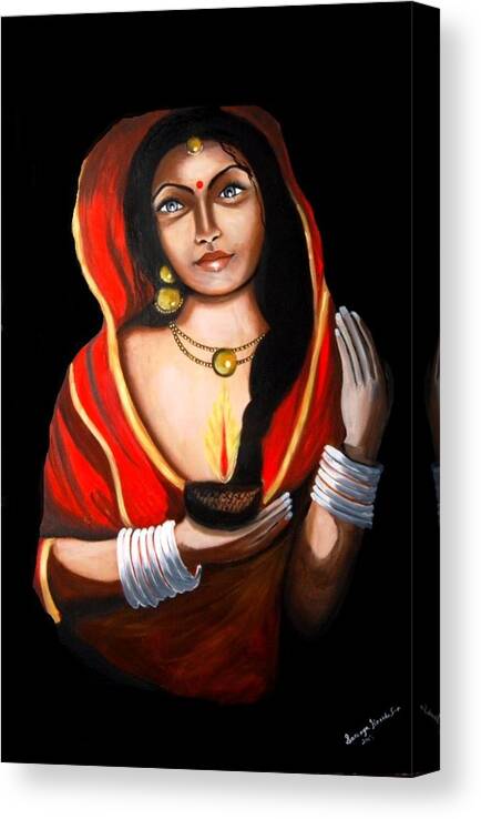 Traditional Indian Woman With Lamp Canvas Print featuring the painting Indian woman with lamp by Saranya Haridasan