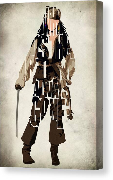 Jack Sparrow Canvas Print featuring the painting Jack Sparrow Inspired Pirates of the Caribbean Typographic Poster by Inspirowl Design