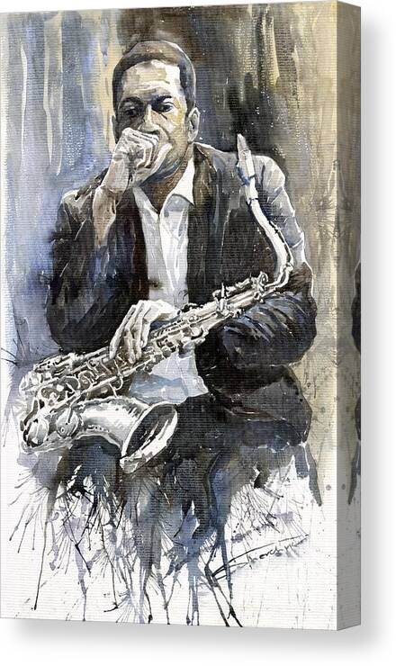Jazz Canvas Print featuring the painting Jazz Saxophonist John Coltrane yellow by Yuriy Shevchuk