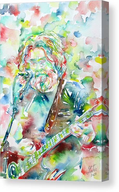 Jerry Canvas Print featuring the painting JERRY GARCIA PLAYING the GUITAR watercolor portrait.2 by Fabrizio Cassetta