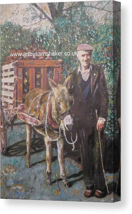 A Country Scene In Ireland Canvas Print featuring the painting Jerry with his donkey and cart by Sam Shaker