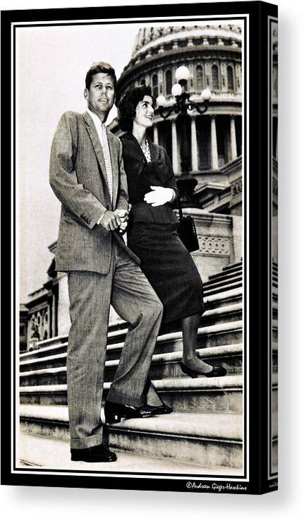 John F Kennedy Canvas Print featuring the photograph John F Kennedy with Jacqueline on Steps by Audreen Gieger