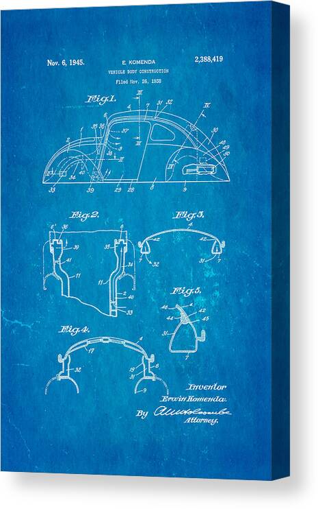 Automotive Canvas Print featuring the photograph Komenda VW Beetle Body Design Patent Art 1945 Blueprint by Ian Monk