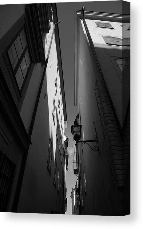 Stockholm Canvas Print featuring the photograph Lantern in a narrow alley - monochrome by Ulrich Kunst And Bettina Scheidulin