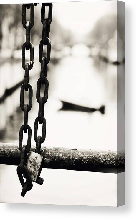 Netherlands Canvas Print featuring the photograph Locked. Amsterdam Canal. Trash Sketches from Amsterdam by Jenny Rainbow