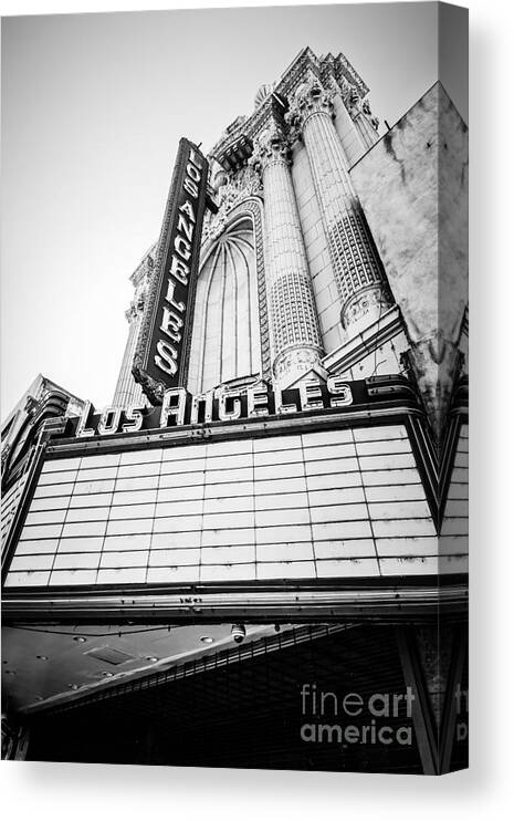 America Canvas Print featuring the photograph Los Angeles Theatre Sign in Black and White by Paul Velgos