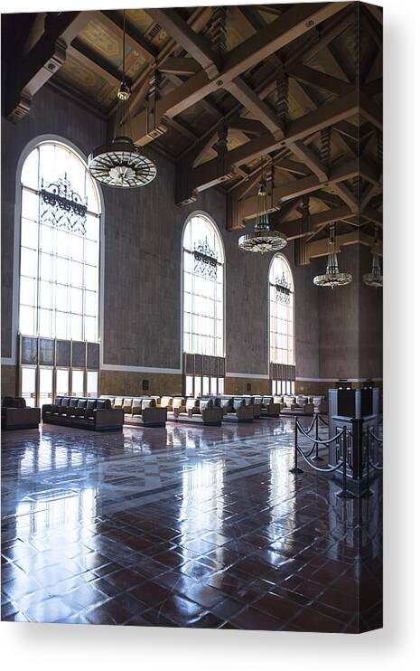 Union Station Canvas Print featuring the photograph Los Angeles Union Station Original Ticket Lobby vertical by Belinda Greb