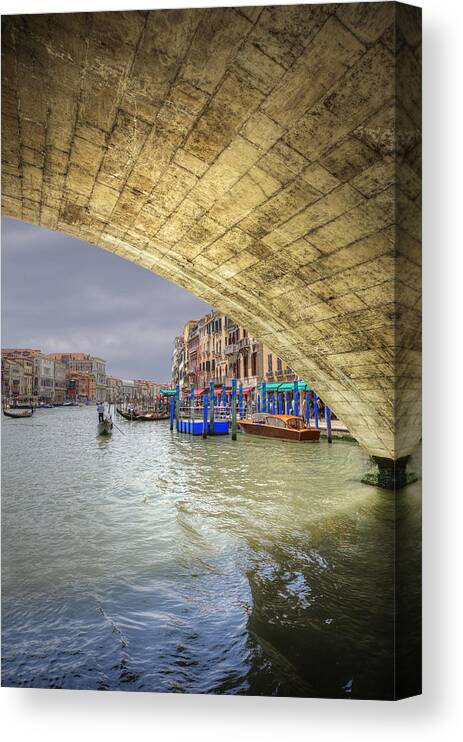Venice Canvas Print featuring the photograph Low view through Rialto Bridge along Grand Canal Venice Italy by Matthew Gibson
