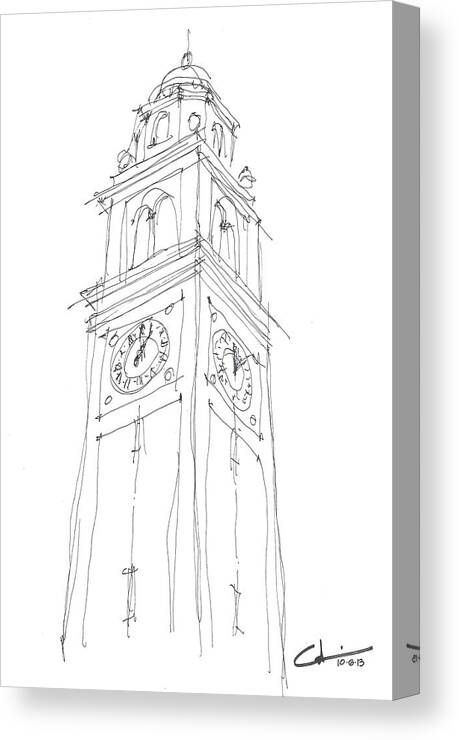 Tigers Canvas Print featuring the drawing LSU Bell Tower Study by Calvin Durham