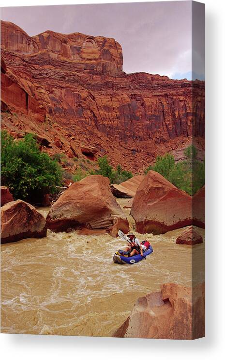 Adventure Canvas Print featuring the photograph Man In Infatable Kayak Going Down River by Whit Richardson