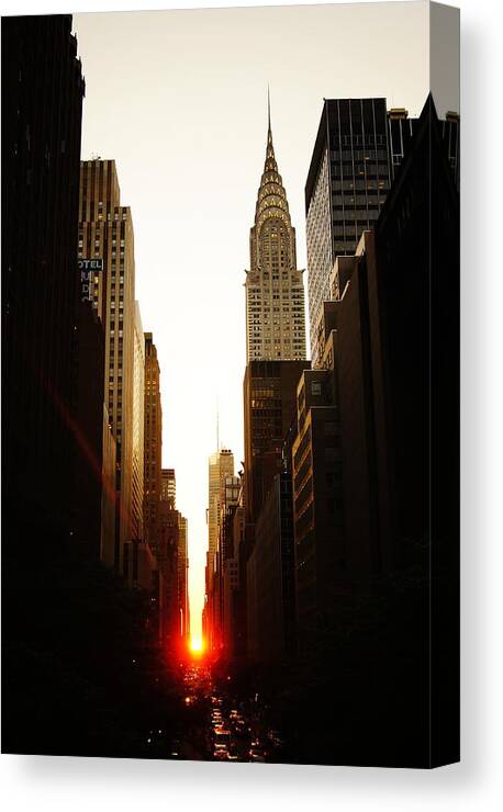 New York City Canvas Print featuring the photograph Manhattanhenge Sunset and the Chrysler Building by Vivienne Gucwa