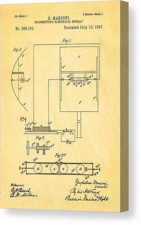 Electricity Canvas Print featuring the photograph Marconi Radio Patent Art 1897 by Ian Monk