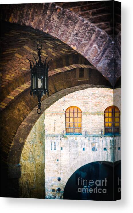 Ancient Canvas Print featuring the photograph Medieval arches with lamp by Silvia Ganora