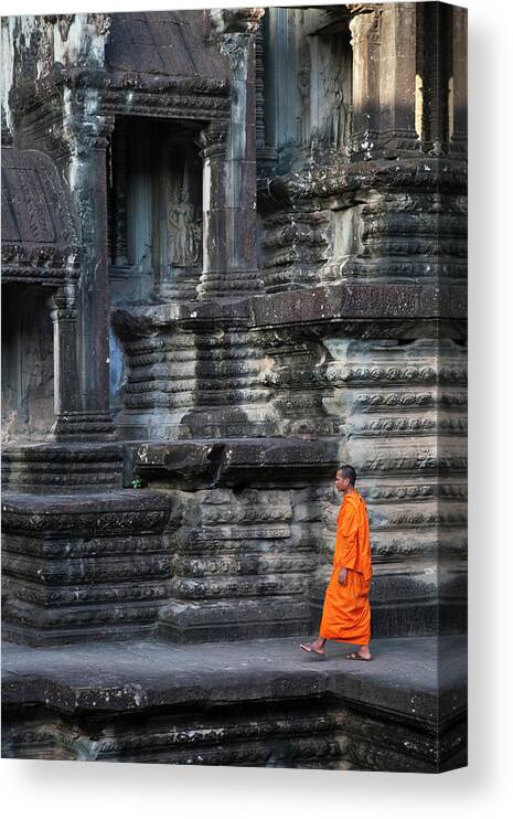 Angkor Canvas Print featuring the photograph Monk At Angkor Thom, Cambodia, A Unesco by Keren Su