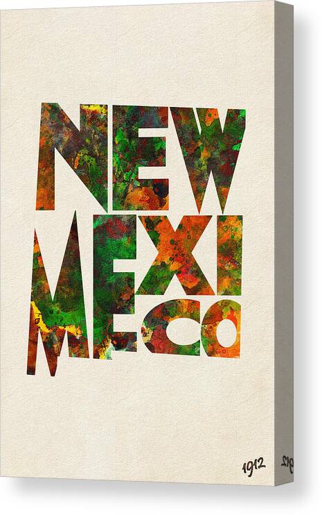 New Mexico Canvas Print featuring the digital art New Mexico Typographic Watercolor Map by Inspirowl Design