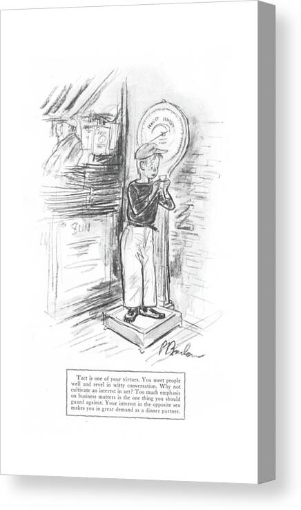 112075 Pba Perry Barlow Little Boy On Scale Reads His Fortune. Adult Boy Character Characteristics Comprehend Comprehension Entertainment Fortune Fun Future Identity Little Predict Prediction Reads Scale Scales Understand Weigh Weight Canvas Print featuring the drawing New Yorker August 1st, 1942 by Perry Barlow