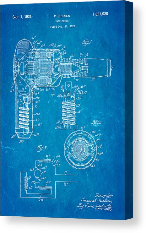 Crafts Canvas Print featuring the photograph Nielsen Hair Dryer Patent Art 1929 Blueprint by Ian Monk