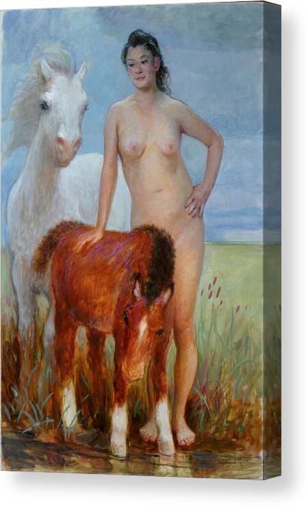 Horse Canvas Print featuring the painting Nude with two horses by Ji-qun Chen