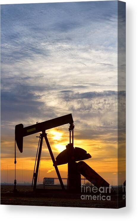 Oil Canvas Print featuring the photograph Oil Pumper At Sunrise Vertical Image by James BO Insogna