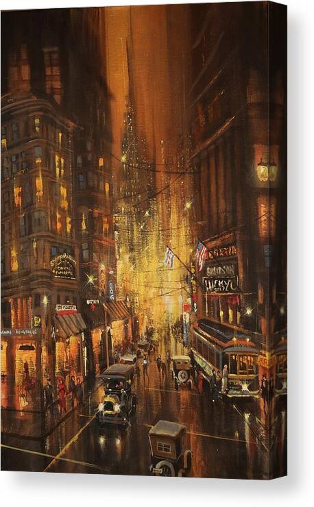 Chicago Canvas Print featuring the painting Night in Old Chicago by Tom Shropshire