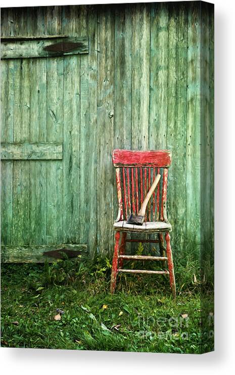 Chair Canvas Print featuring the photograph Old red chair near a barn/digital oil painting by Sandra Cunningham