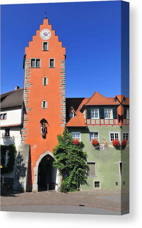 Meersburg Canvas Print featuring the photograph Orange tower and blue sky - City gate in Meersburg Germany by Matthias Hauser
