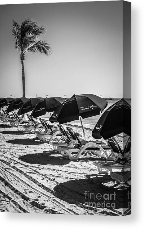 America Canvas Print featuring the photograph Palm and Beach Umbrellas - Higgs Beach - Key West - Black and White by Ian Monk