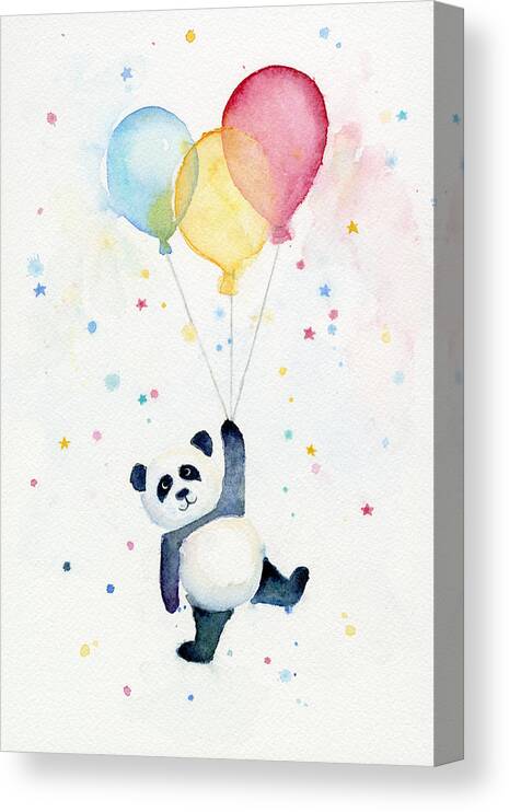 Panda Canvas Print featuring the painting Panda Floating with Balloons by Olga Shvartsur