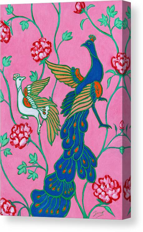 Peacock Canvas Print featuring the painting Peacocks Flying Southeast by Xueling Zou